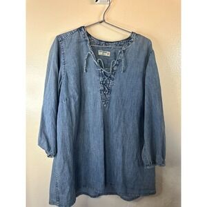 Ruff Hewn Woman's tunic Top Denim 1x Tie Neck